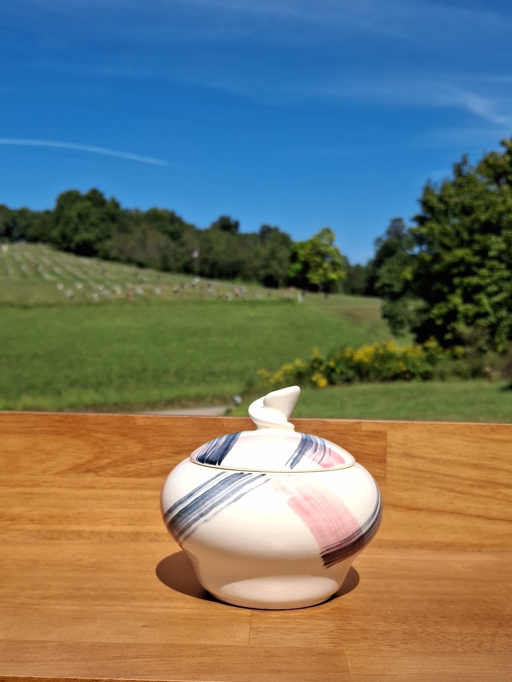 Ceramic Lidded Sugar Bowl in White with Blue and Pink Brushstrokes